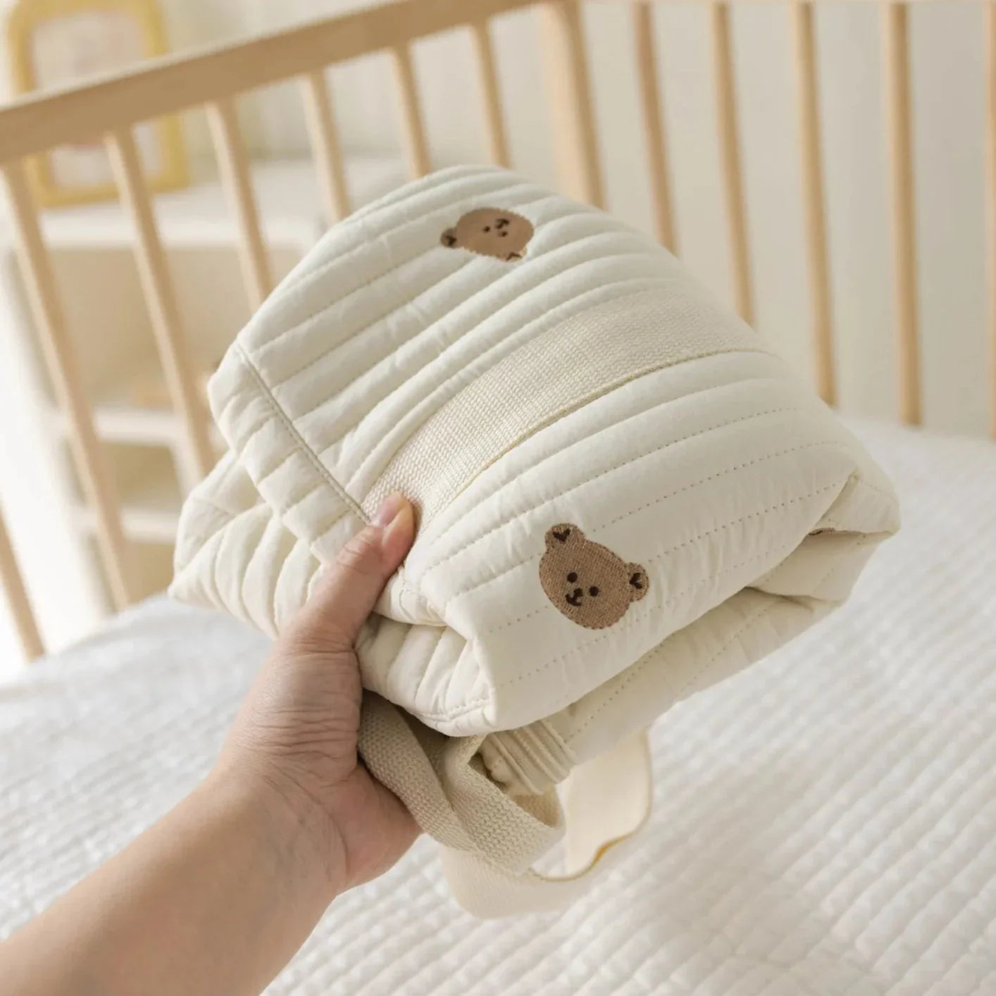 Large White Embroidery Baby Nappy Changing Washbag with Shoulder Strap - Bear