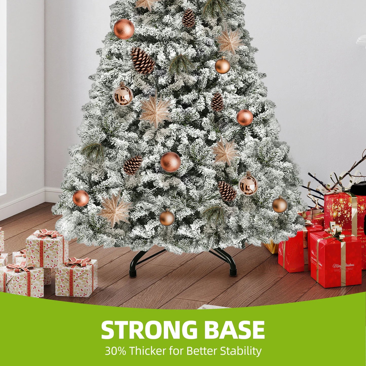 Balconera 6ft Pre-Lit Flocked Christmas Tree – 800 Tips & 250 LED Lights with 8 Modes and Foldable Base