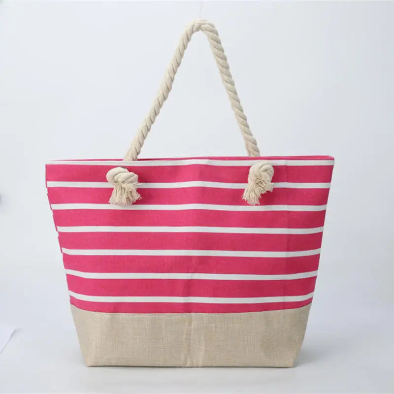 Summer Canvas Striped Tote Bag – Large Beach Shoulder Bag with Zipper for Travel & Swimming