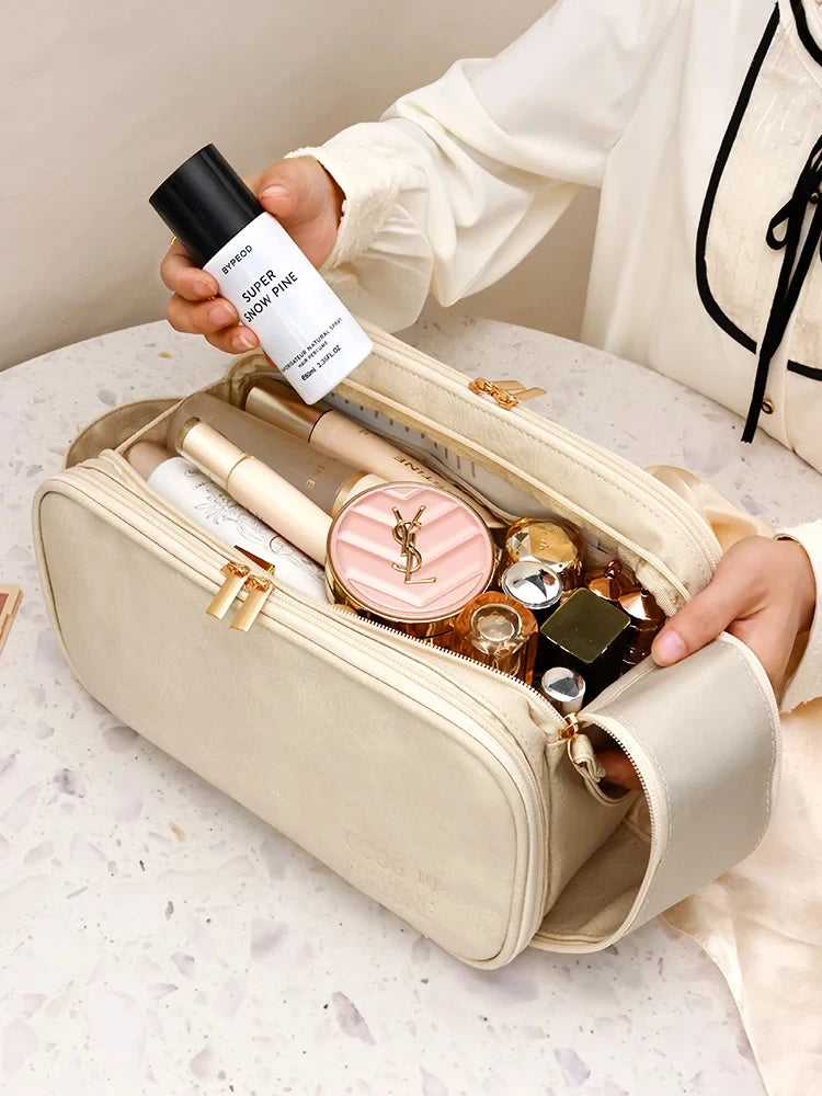 Large Capacity PU Leather Makeup Bag – Portable Double Zipper Travel Cosmetic & Toiletry Organizer for Women