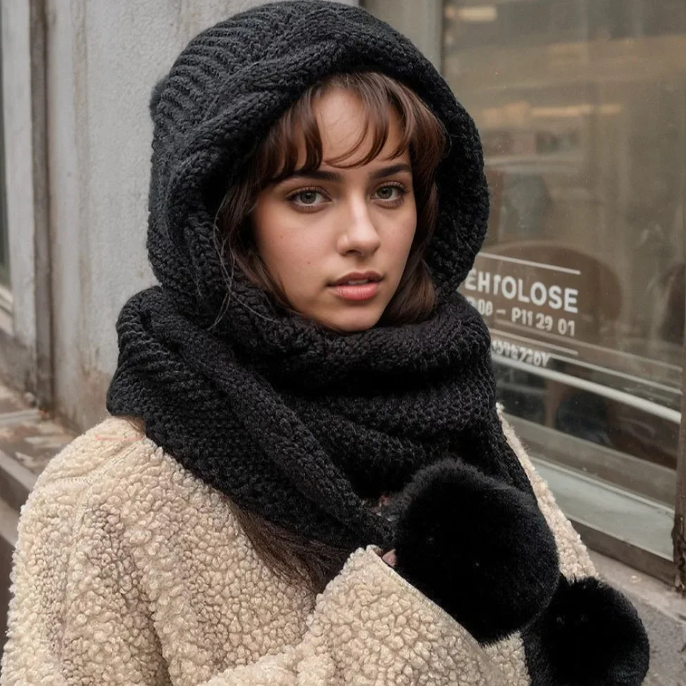Women’s Winter Hat & Scarf Set – Thick Knit Beanie with Pom Pom & Ear Flaps, One-Piece Warm Bonnet for Cold Weather
