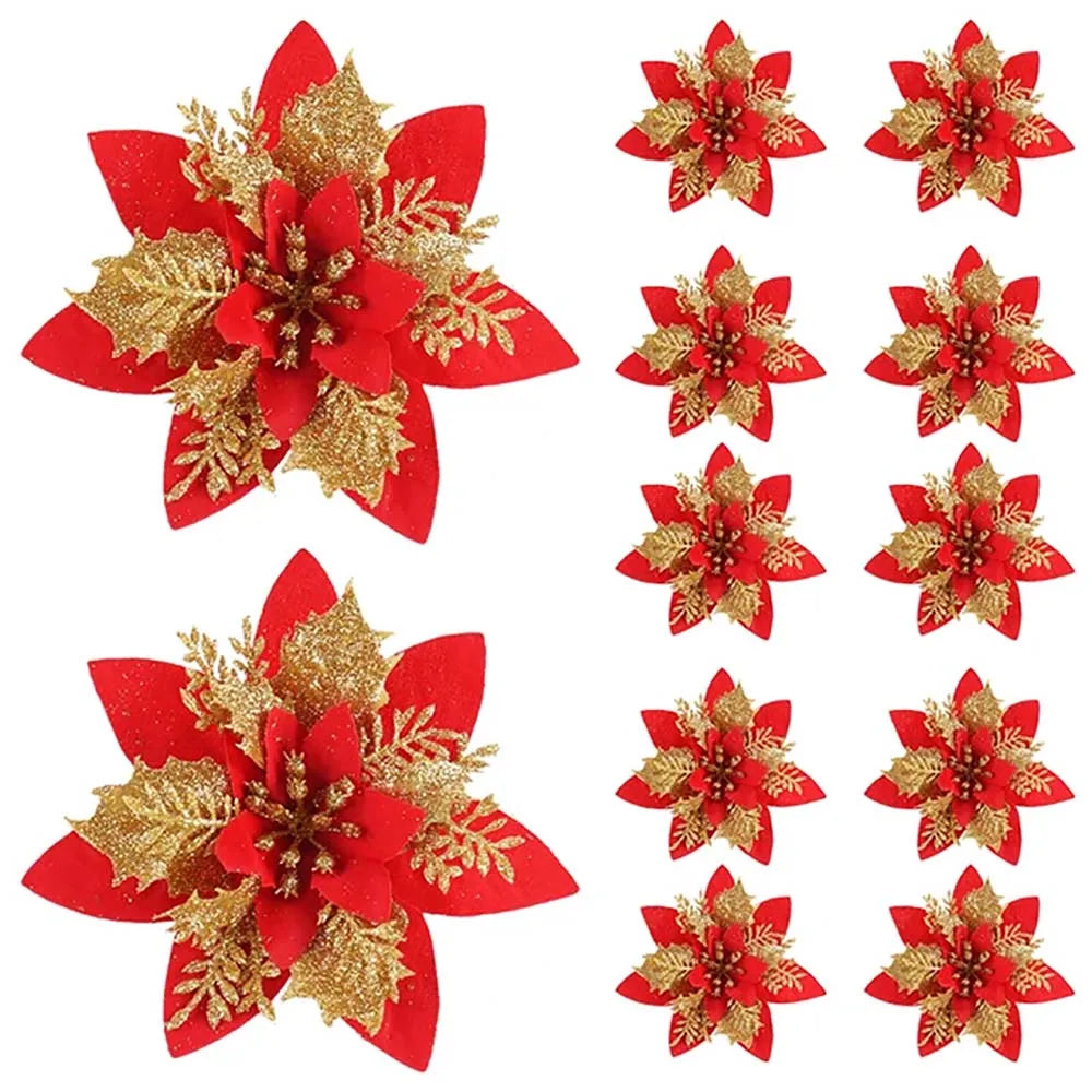 5/10pcs Glitter Poinsettia Christmas Flowers – Red, Pink & Gold Artificial Tree Ornaments for Holiday Home Décor