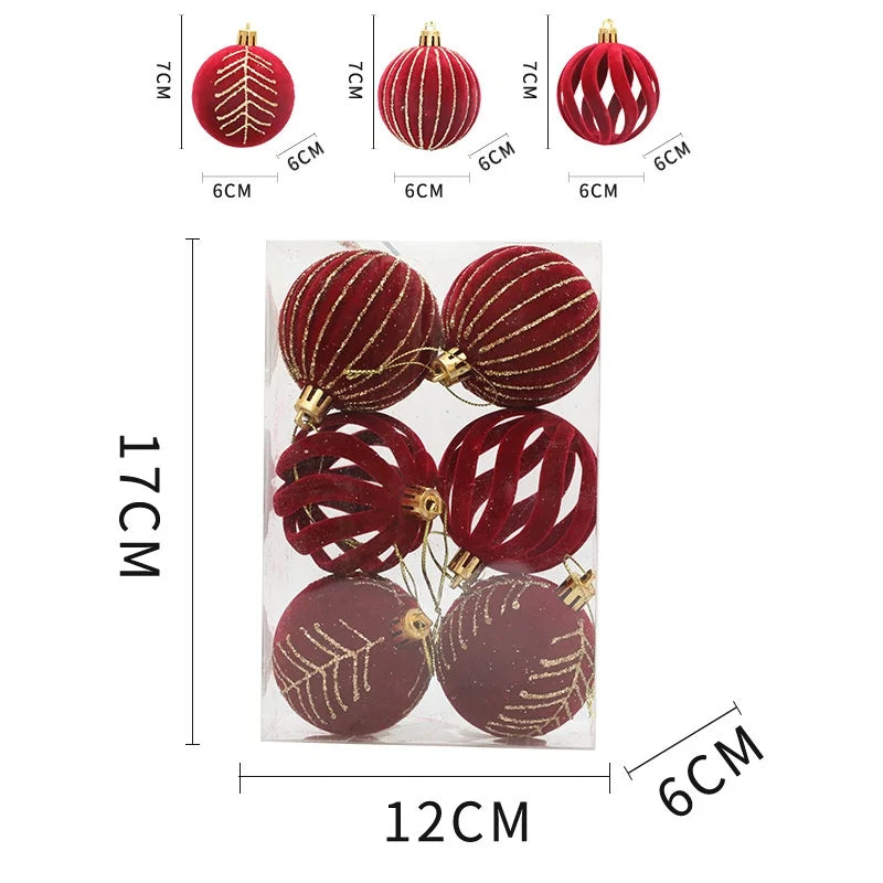 Velvet Christmas Tree Ornaments – 6/12pcs 6cm Flocked Ball Set, Shatterproof Holiday Decorations for Home & Party