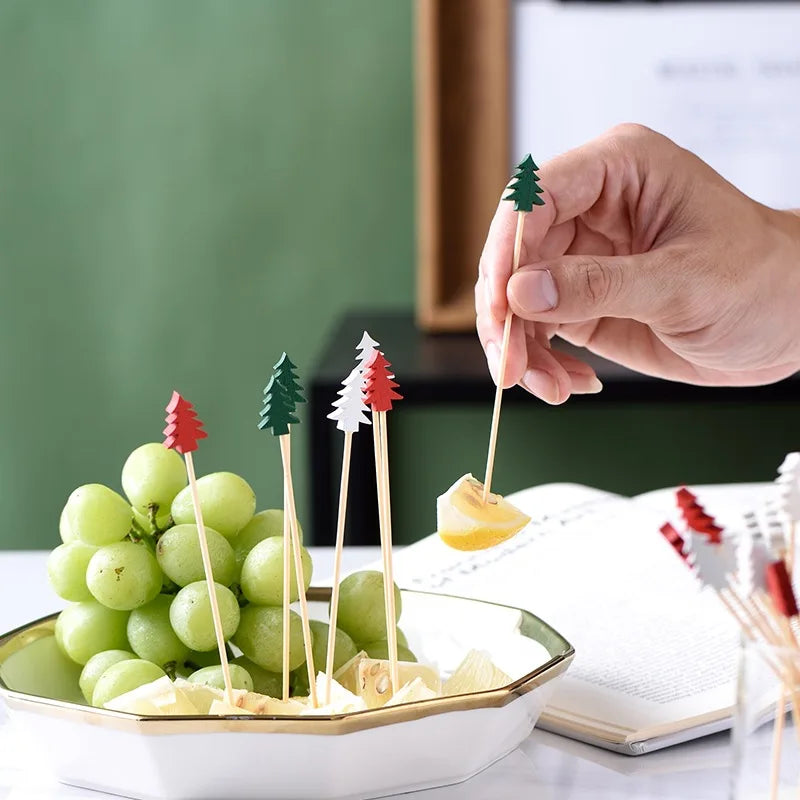 50pcs Christmas Fruit & Dessert Sticks – Bamboo Party Picks with Snowflake, Tree, Elk, Santa & Snowman Designs