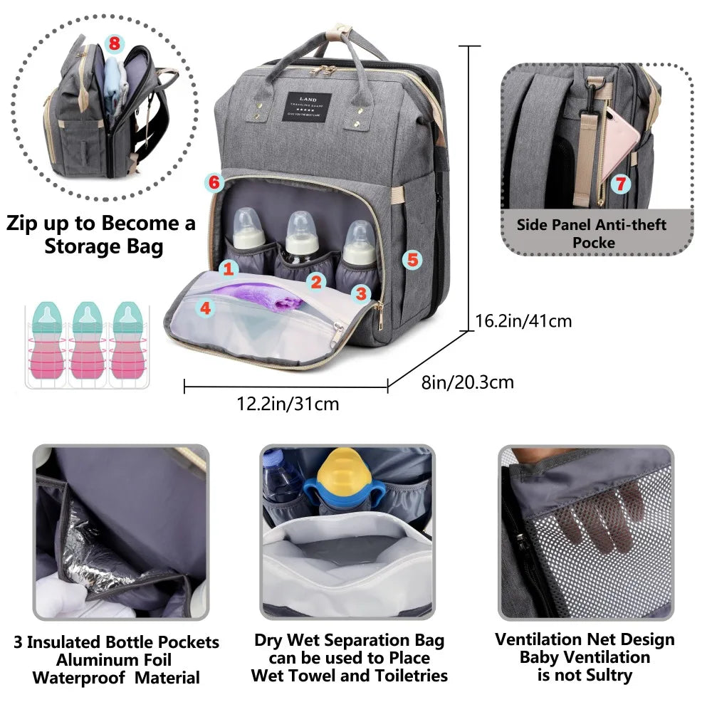 Mommy Bag with Foldable Crib – Large-Capacity Travel Maternity Backpack for Baby Care