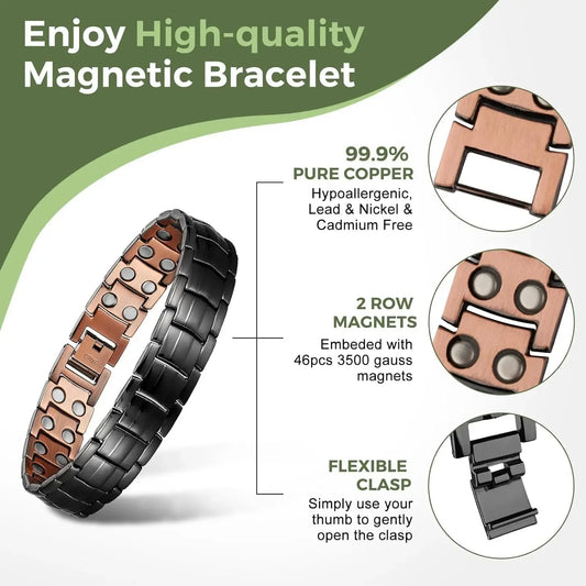 ARADOO 99.9% Pure Copper Magnetic Bracelet – Double-Row Strong Magnet Therapy Cuff for Pain Relief & Circulation