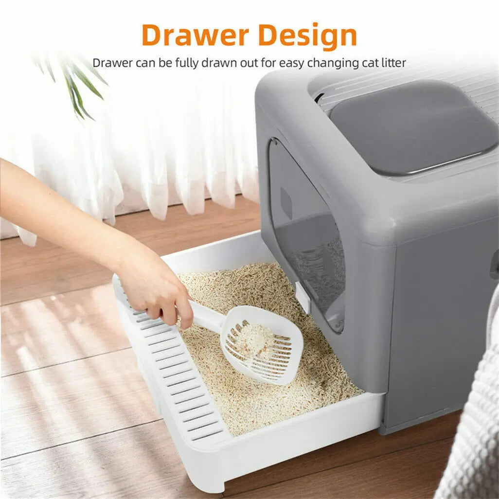 Foldable Enclosed Cat Litter Box – Sifting Kitten Toilet with Scoop, Tray & Front Entry Design