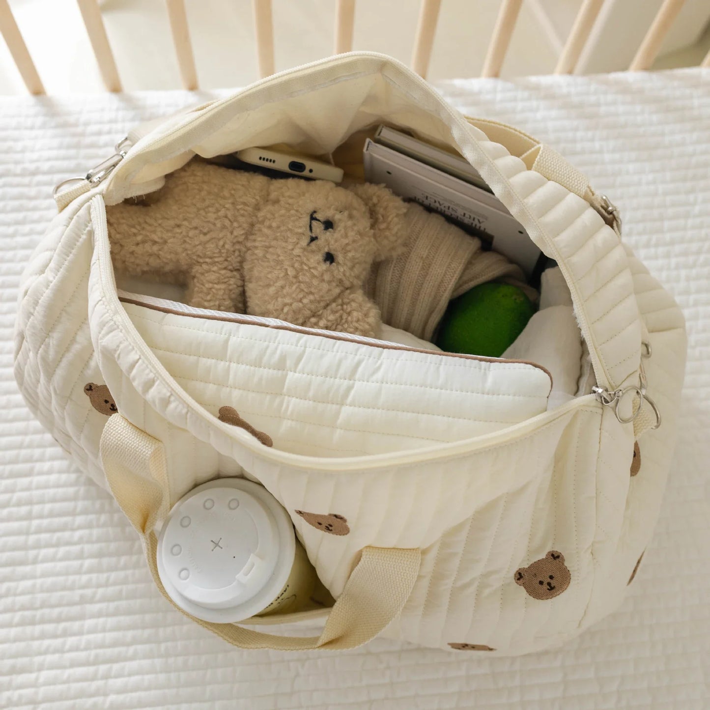Large White Embroidery Baby Nappy Changing Washbag with Shoulder Strap - Bear