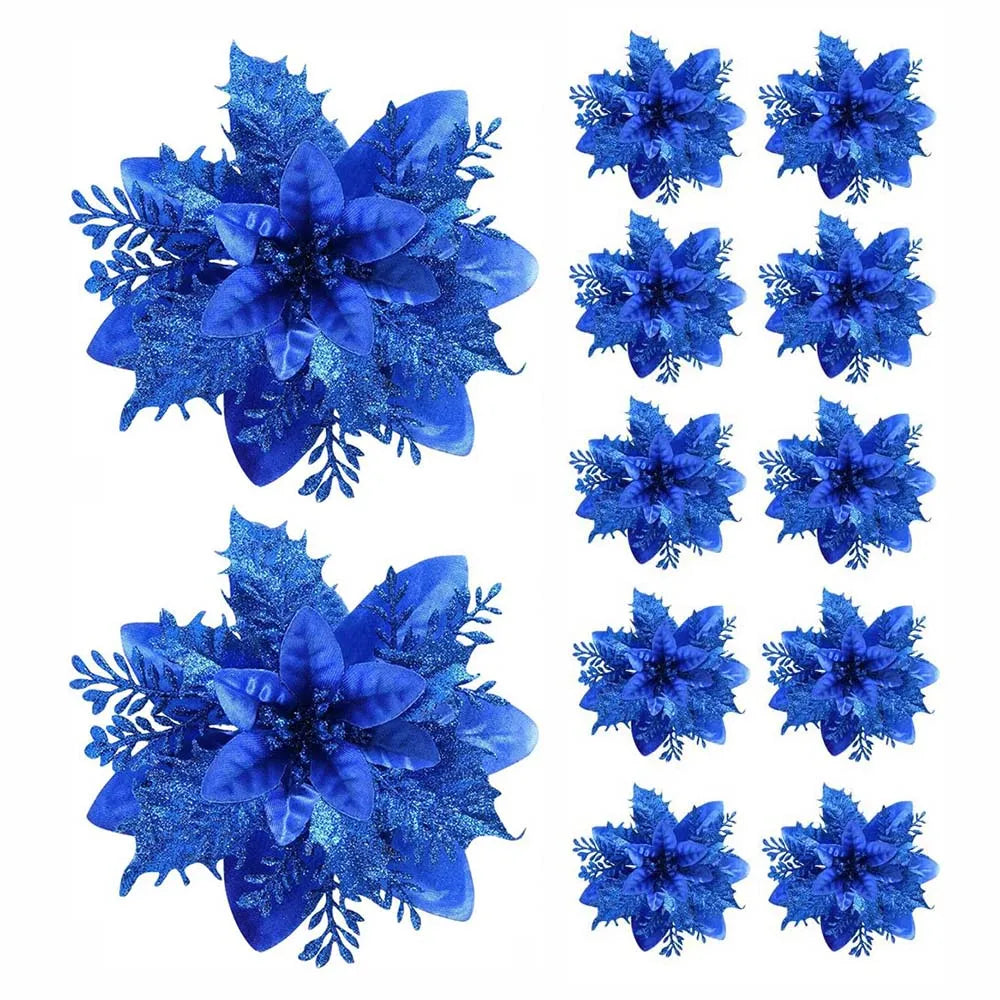 5/10pcs Glitter Poinsettia Christmas Flowers – Red, Pink & Gold Artificial Tree Ornaments for Holiday Home Décor