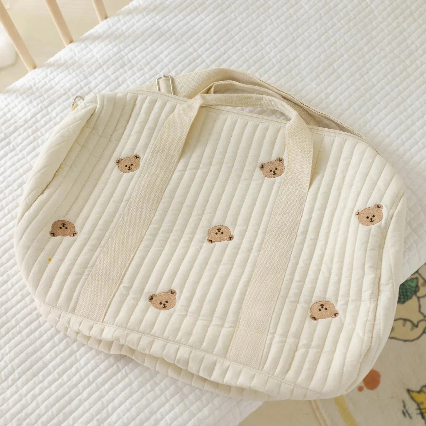 Large White Embroidery Baby Nappy Changing Washbag with Shoulder Strap - Bear