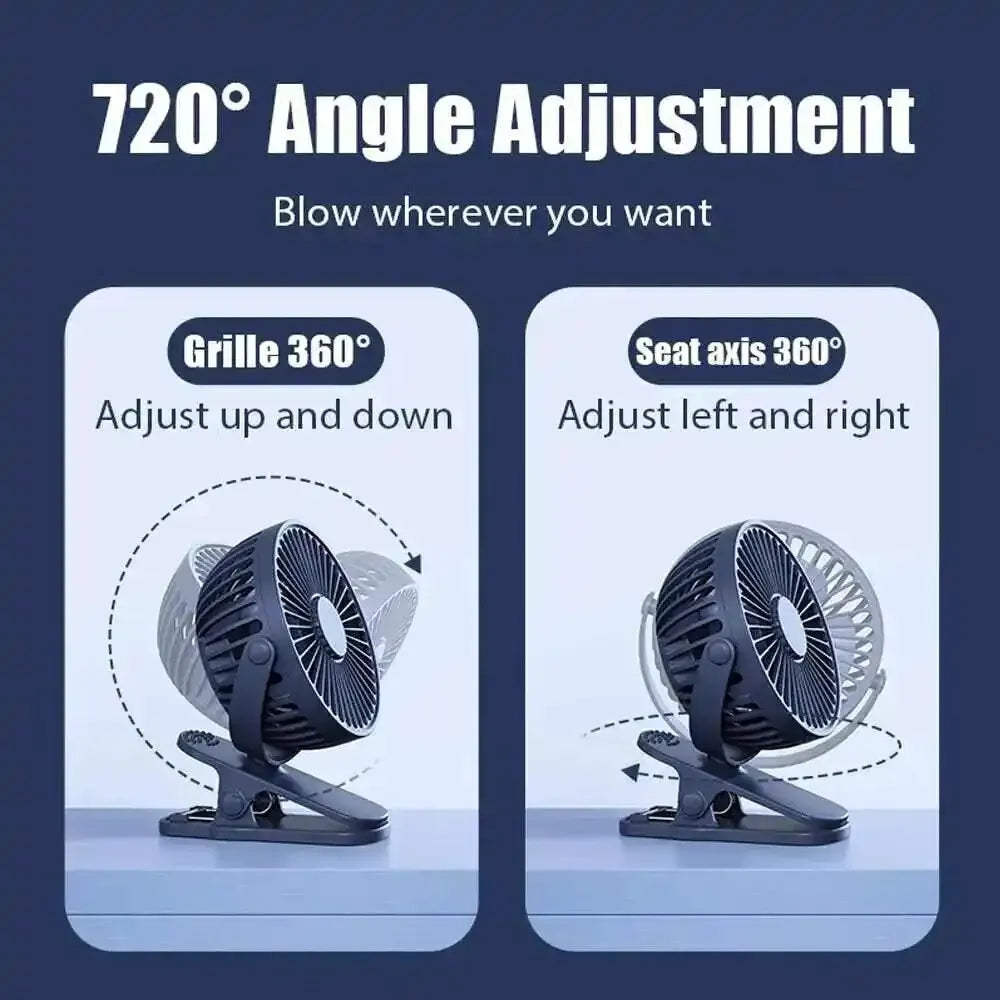 Clip-on Table Fan – Portable USB Rechargeable Desk Fan with 720° Rotation & 5 Speeds