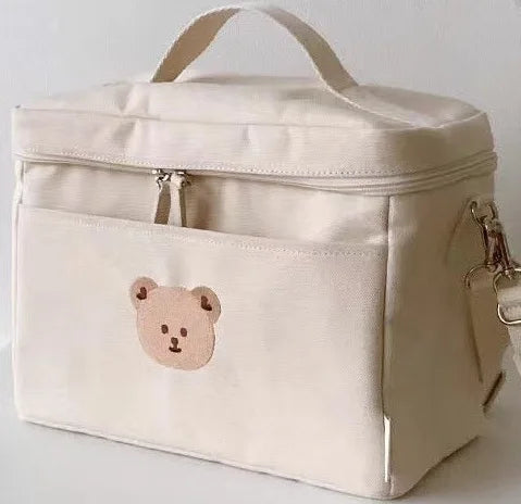 Large Waterproof Thermal White Embroidery Diaper & Cooler Stroller Bag - Bear, Olive & Tulip