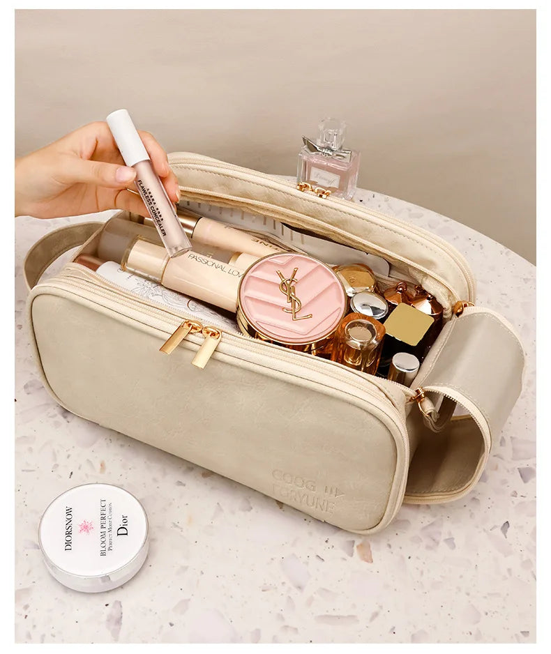 Large Capacity PU Leather Makeup Bag – Portable Double Zipper Travel Cosmetic & Toiletry Organizer for Women