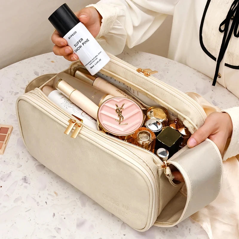 Large Capacity PU Leather Makeup Bag – Portable Double Zipper Travel Cosmetic & Toiletry Organizer for Women