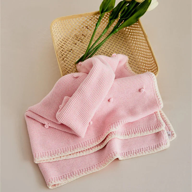 Knitted Cotton Swaddle Blanket for Baby with Knot Detail - Ivory, Beige, Pink, Grey & Baby Blue