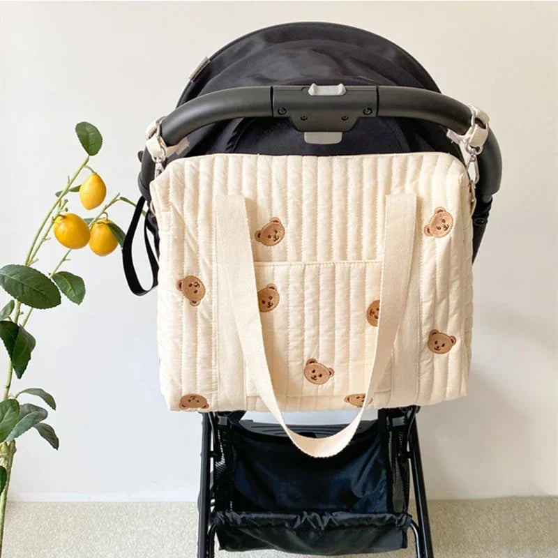 White Embroidery Baby Nappy Changing Washbag with Shoulder Strap - Bear