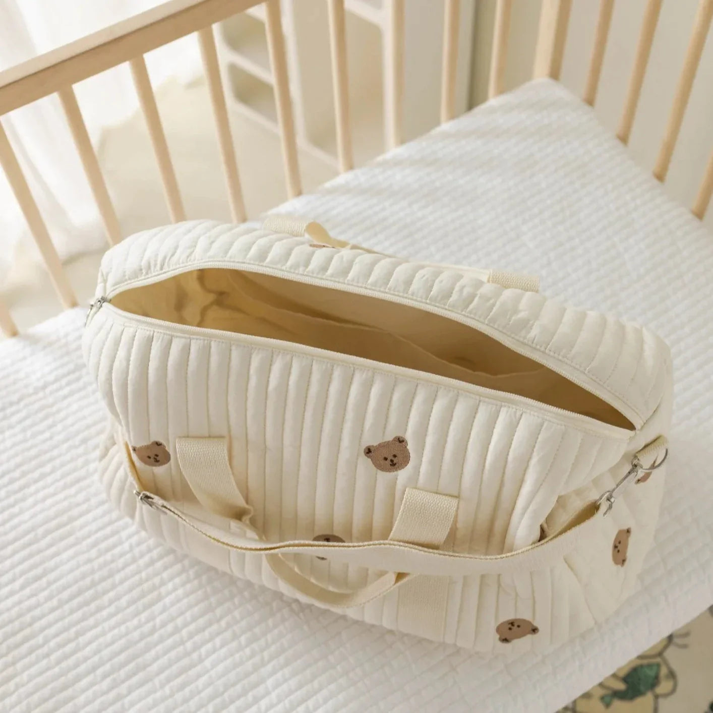 Large White Embroidery Baby Nappy Changing Washbag with Shoulder Strap - Bear