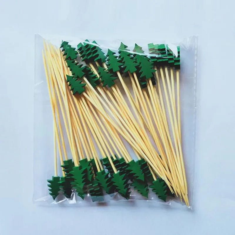 50pcs Christmas Fruit & Dessert Sticks – Bamboo Party Picks with Snowflake, Tree, Elk, Santa & Snowman Designs