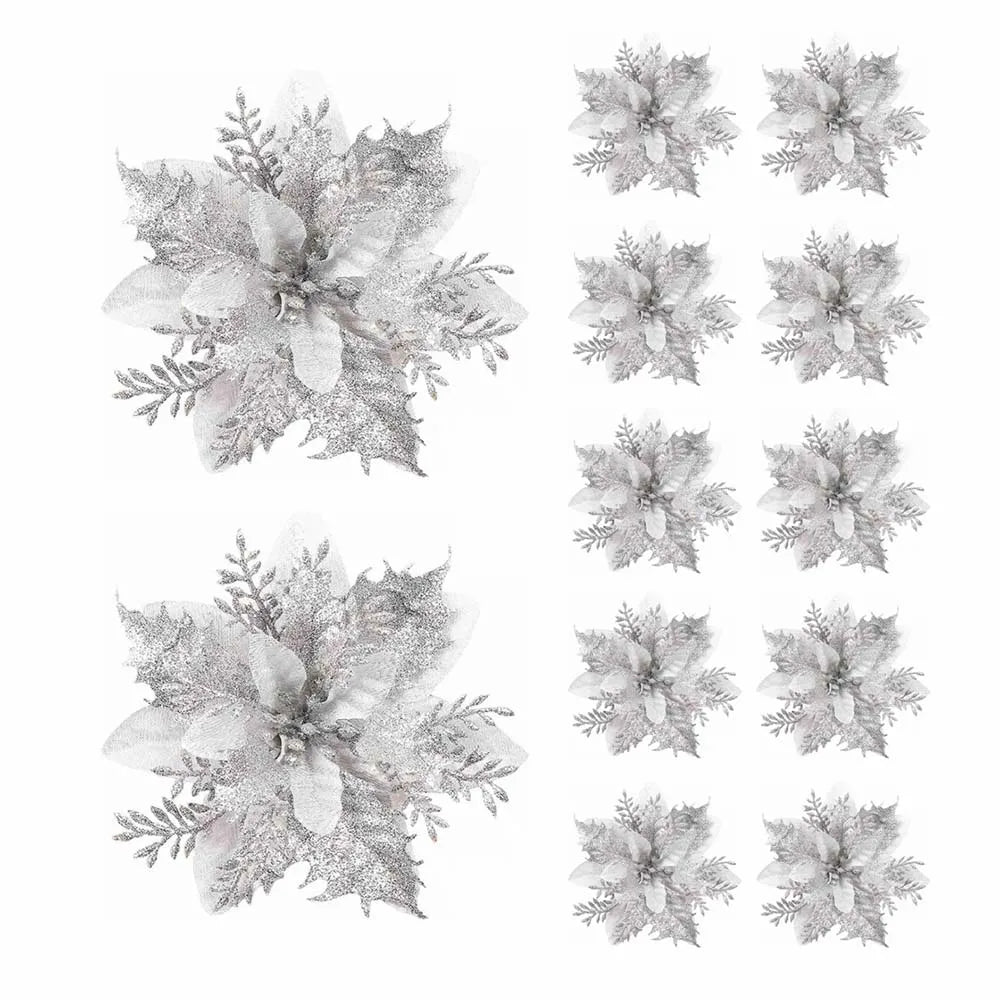 5/10pcs Glitter Poinsettia Christmas Flowers – Red, Pink & Gold Artificial Tree Ornaments for Holiday Home Décor
