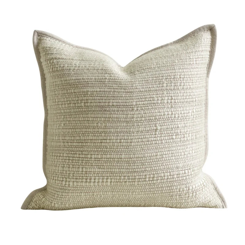 Traditional Textured Cottage-Feel Ivory Cushion Cover with Beige Piping