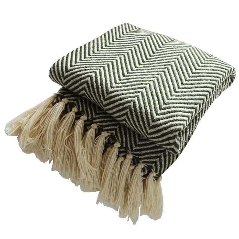 Traditional Luxury Geometric Knitted Blanket Throw With Tassels - Green, Beige & Yellow