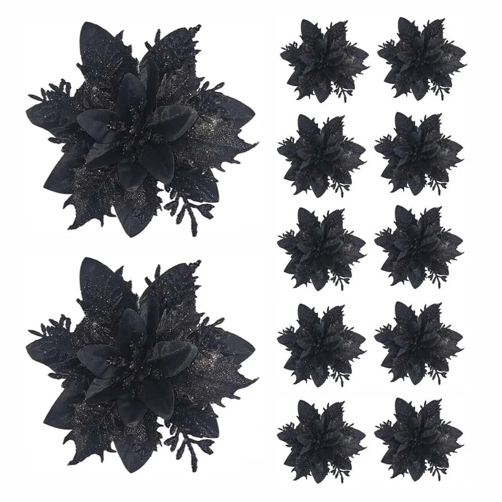5/10pcs Glitter Poinsettia Christmas Flowers – Red, Pink & Gold Artificial Tree Ornaments for Holiday Home Décor