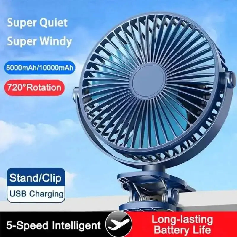 Clip-on Table Fan – Portable USB Rechargeable Desk Fan with 720° Rotation & 5 Speeds