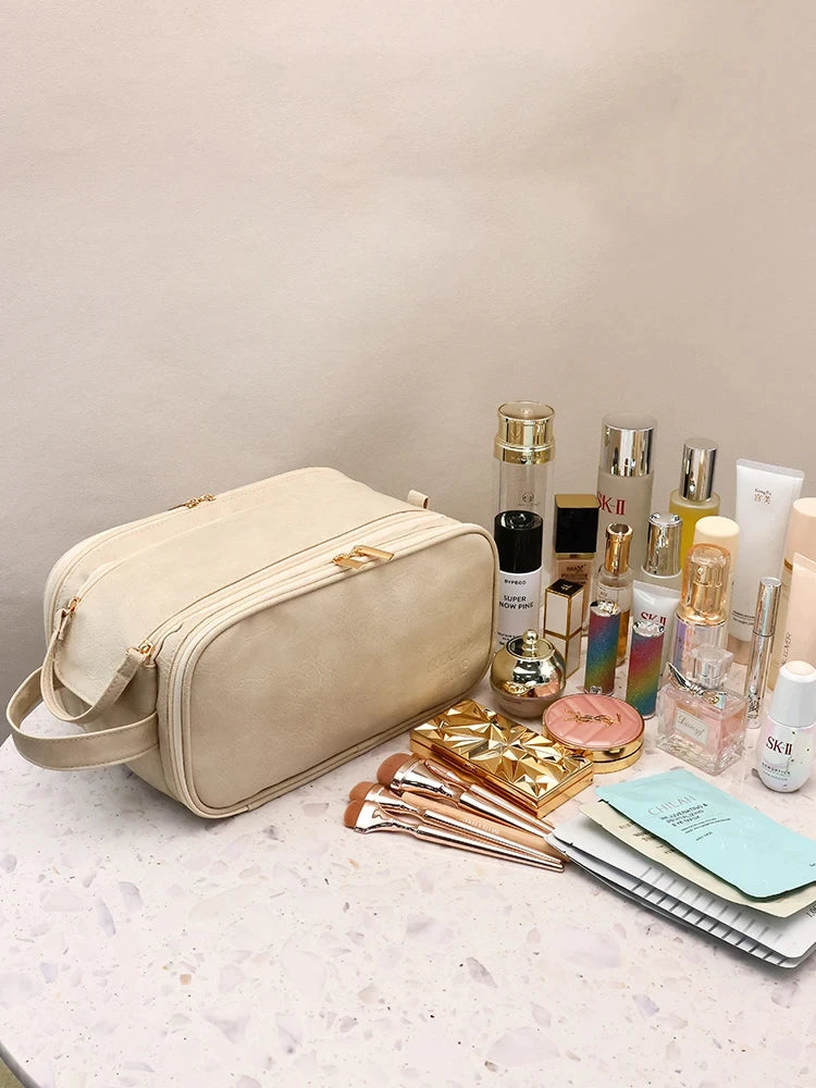 Large Capacity PU Leather Makeup Bag – Portable Double Zipper Travel Cosmetic & Toiletry Organizer for Women