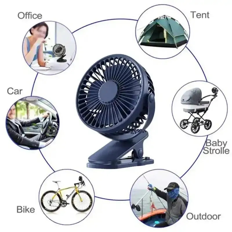Clip-on Table Fan – Portable USB Rechargeable Desk Fan with 720° Rotation & 5 Speeds