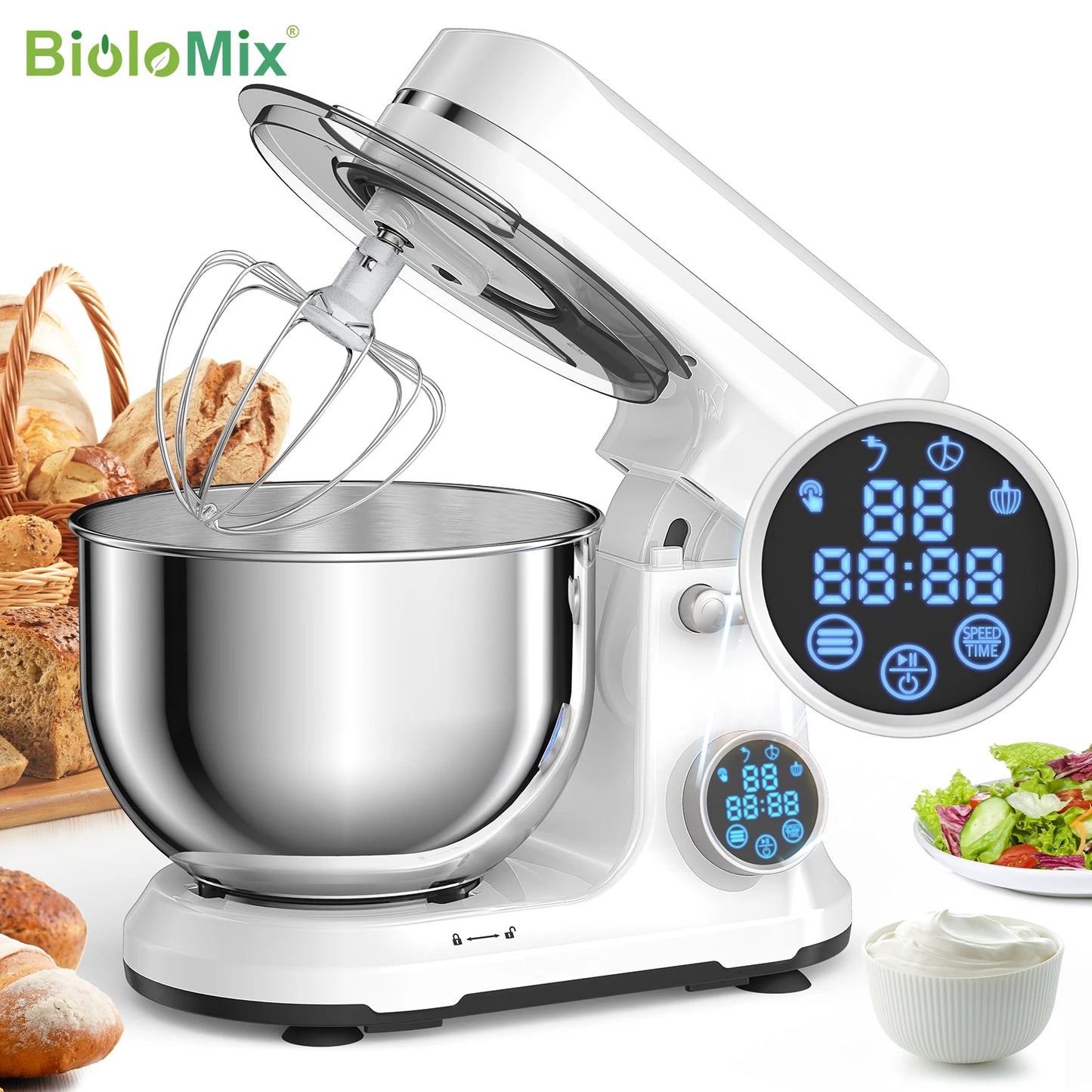 BioloMix 1200W Stand Mixer – 11-Speed Electric Kitchen Food Mixer with OLED Screen, Dough Hook & Whisk