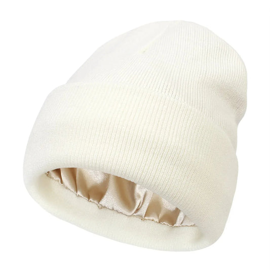 Unisex Satin-Lined Beanie Hat – Anti-Static Silk Lining Warm Knit Skull Cap for Winter & Hair Protection