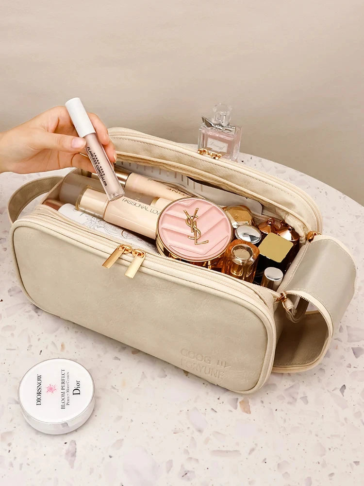 Large Capacity PU Leather Makeup Bag – Portable Double Zipper Travel Cosmetic & Toiletry Organizer for Women