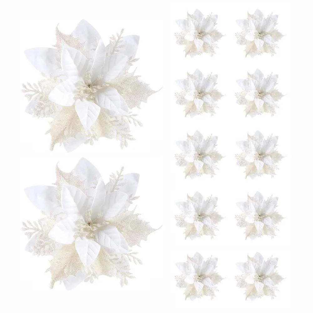 5/10pcs Glitter Poinsettia Christmas Flowers – Red, Pink & Gold Artificial Tree Ornaments for Holiday Home Décor