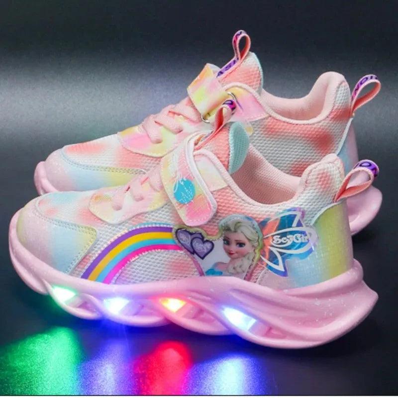 Disney Girls' LED Light-Up Sneakers – Breathable Princess Elsa Sports Shoes (Size 22–35)