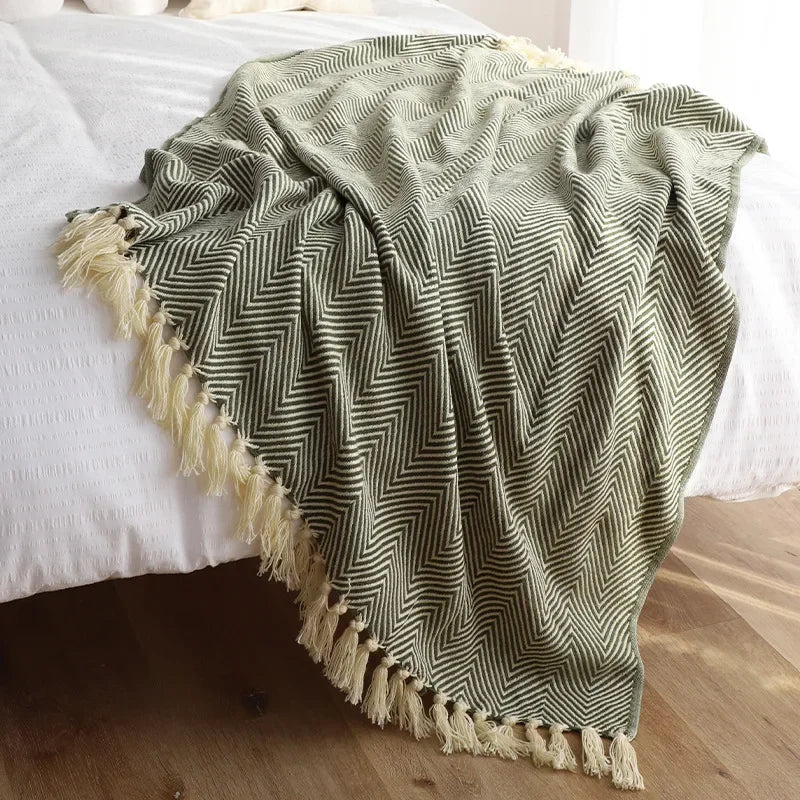 Traditional Luxury Geometric Knitted Blanket Throw With Tassels - Green, Beige & Yellow