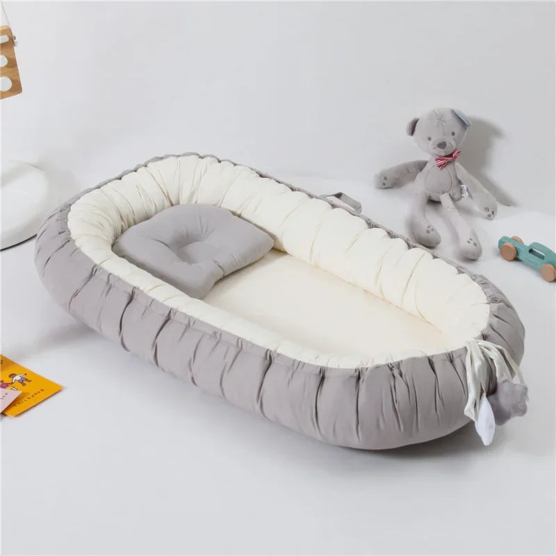 Grey Portable Padded Cotton Lounger Baby Nest Pod with Pillow