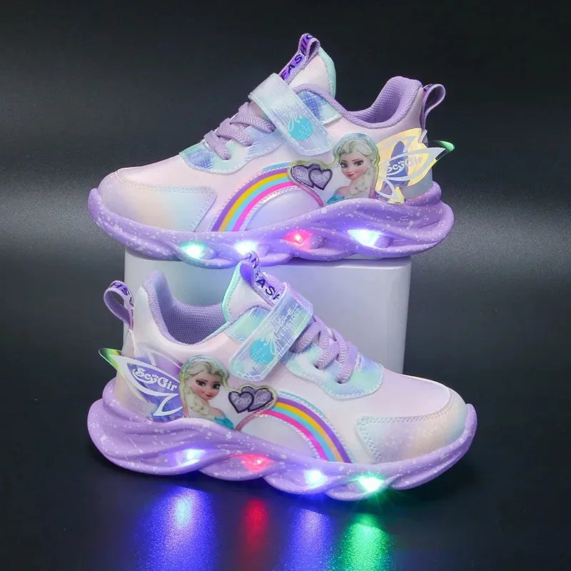 Disney Girls' LED Light-Up Sneakers – Breathable Princess Elsa Sports Shoes (Size 22–35)