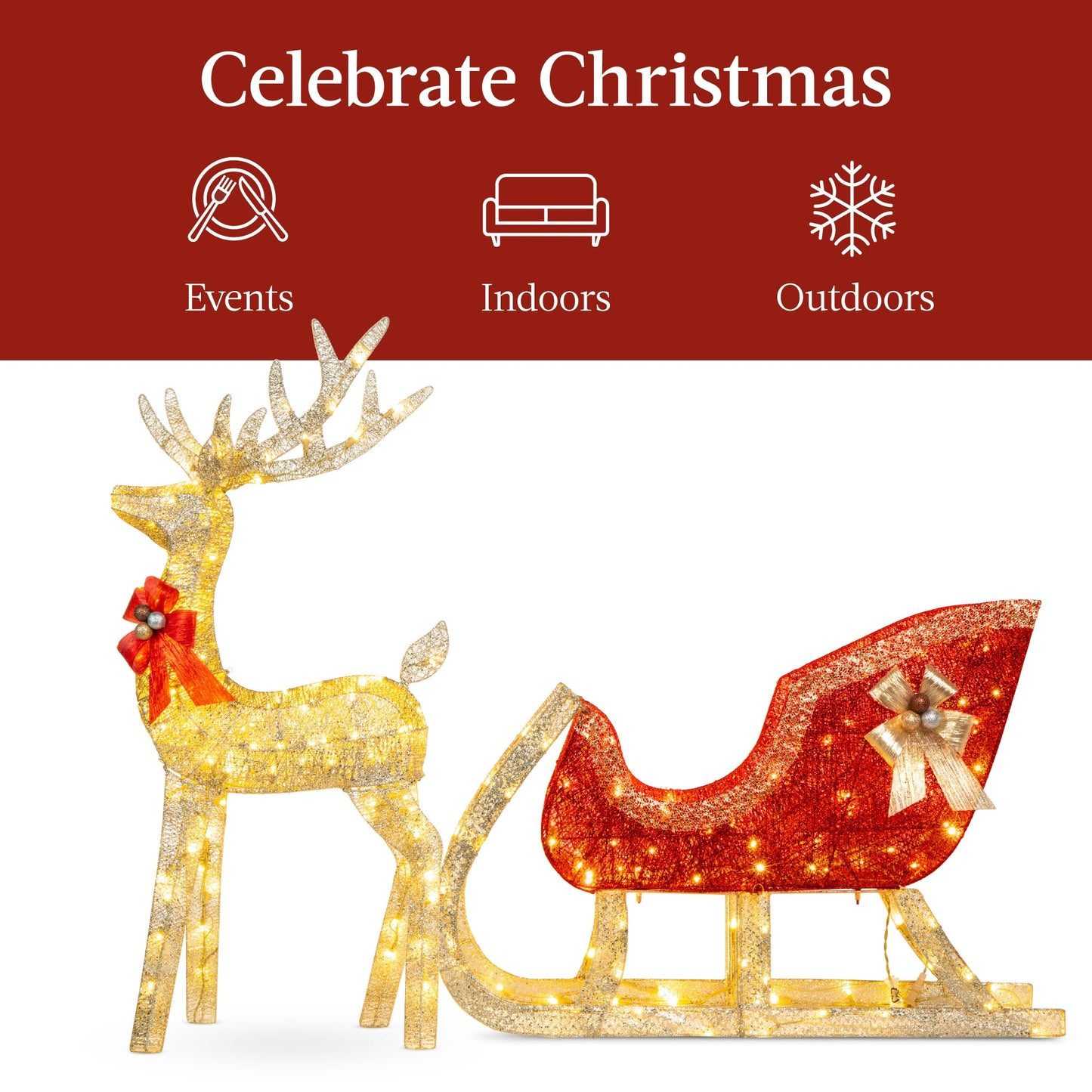 XL Lighted Christmas Reindeer & Sleigh Outdoor Decor Set w/ LED Lights