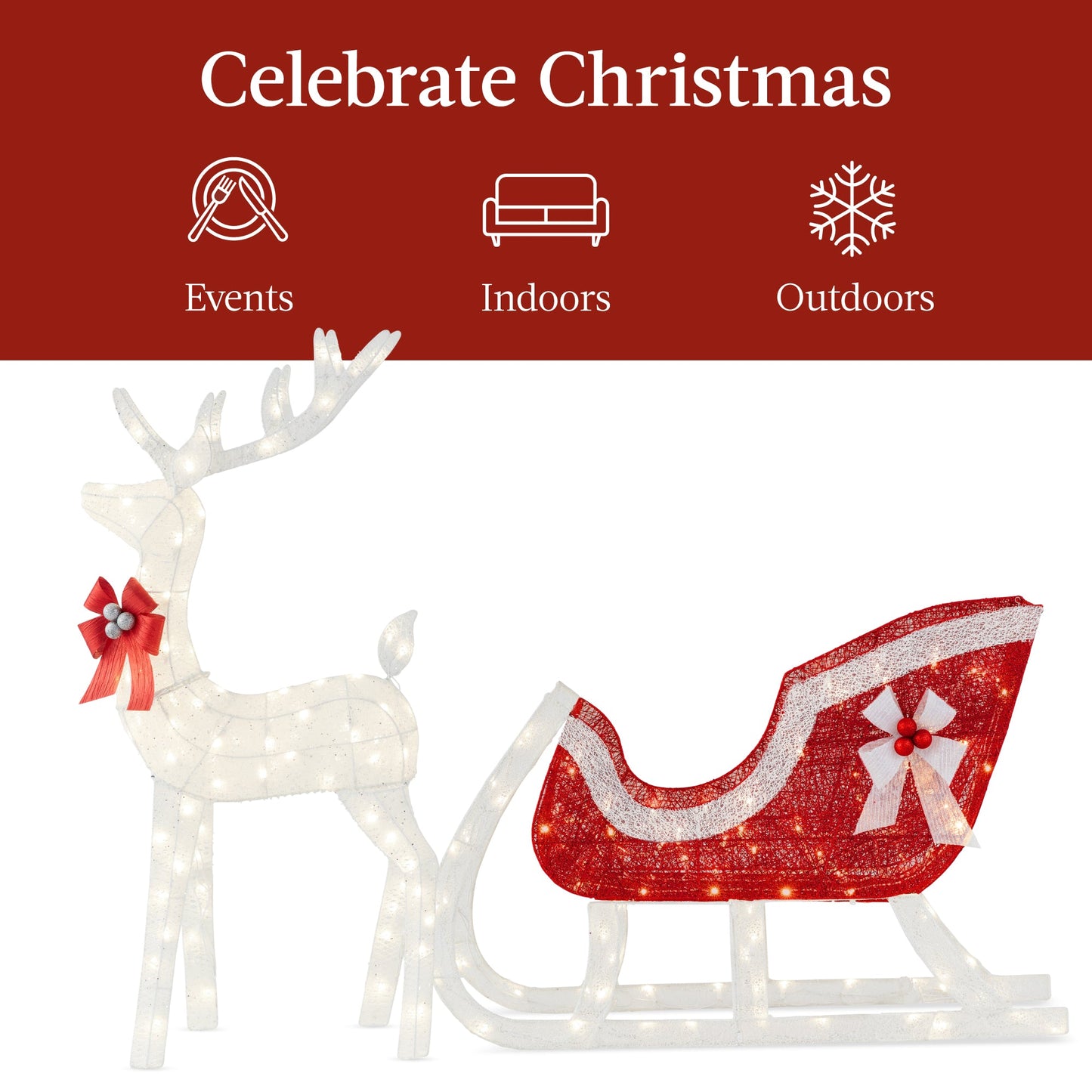 XL Lighted Christmas Reindeer & Sleigh Outdoor Decor Set w/ LED Lights