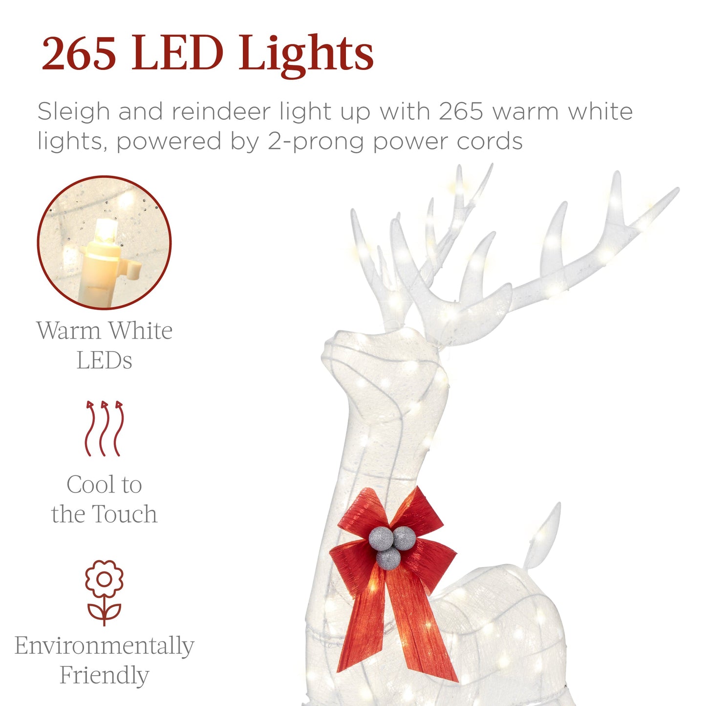 XL Lighted Christmas Reindeer & Sleigh Outdoor Decor Set w/ LED Lights