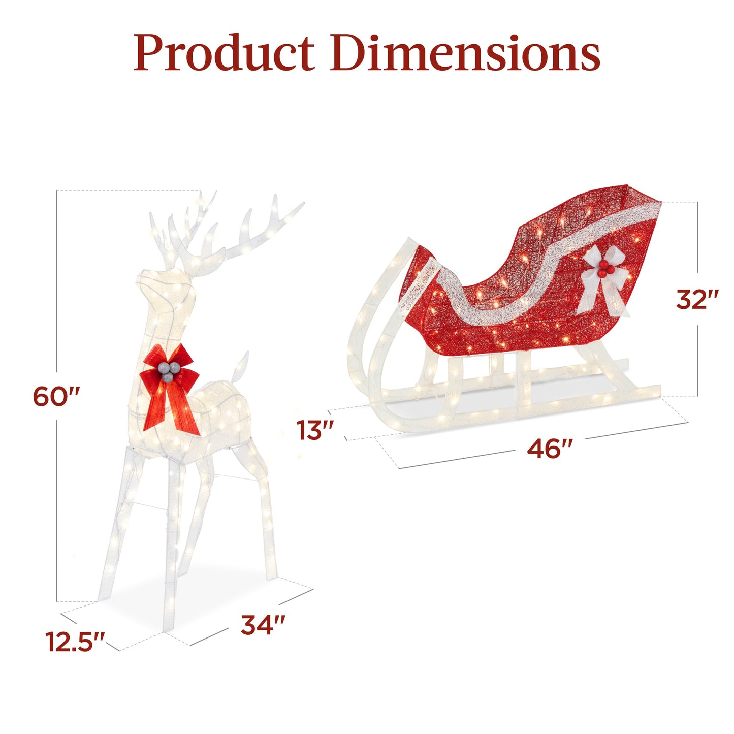 XL Lighted Christmas Reindeer & Sleigh Outdoor Decor Set w/ LED Lights