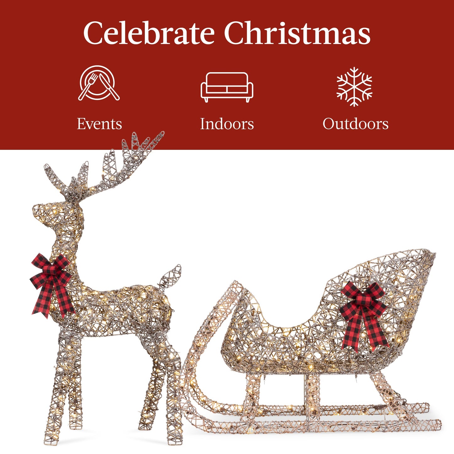 XL Lighted Christmas Reindeer & Sleigh Outdoor Decor Set w/ LED Lights