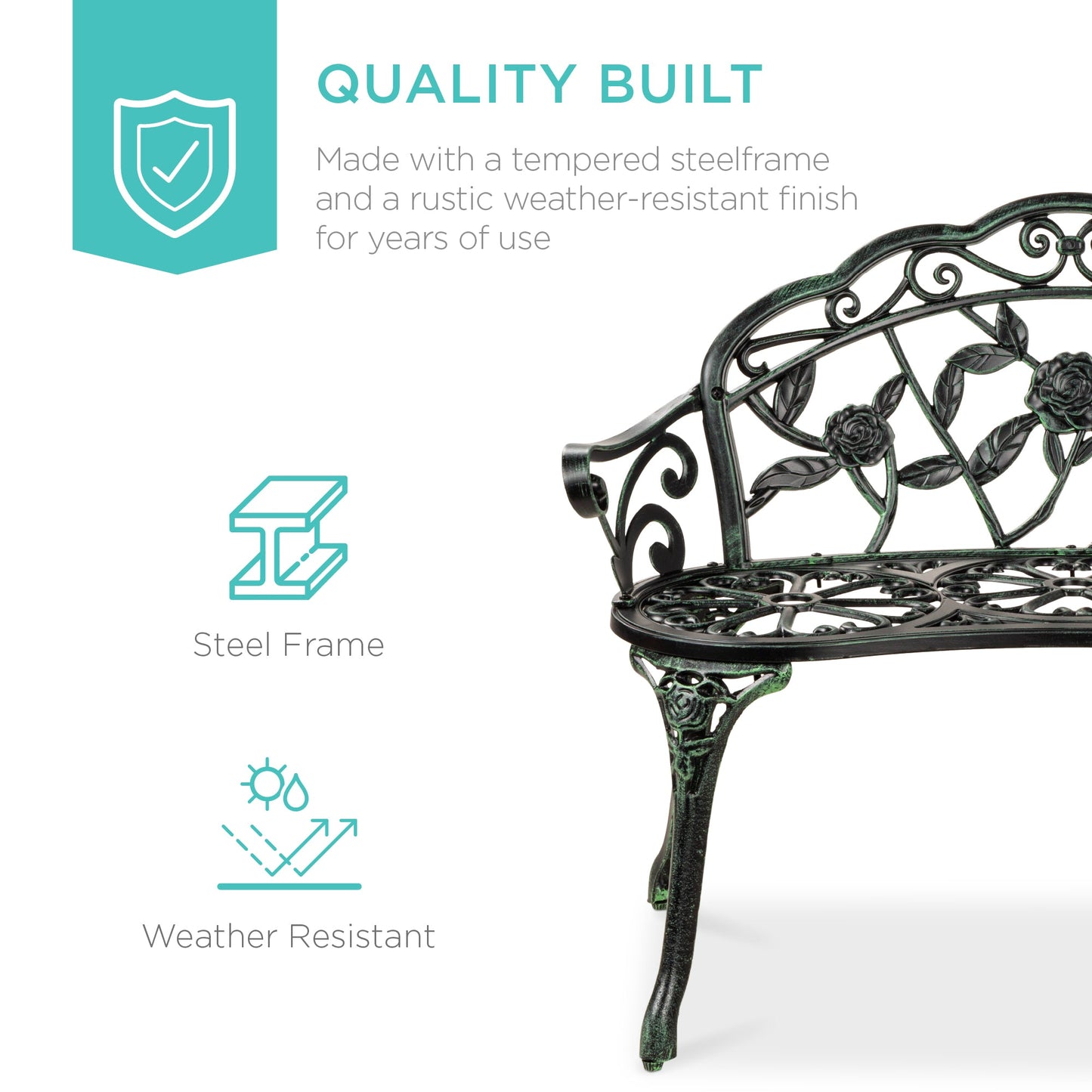 Steel Garden Bench Outdoor Patio Furniture w/ Floral Rose Accent - 39in