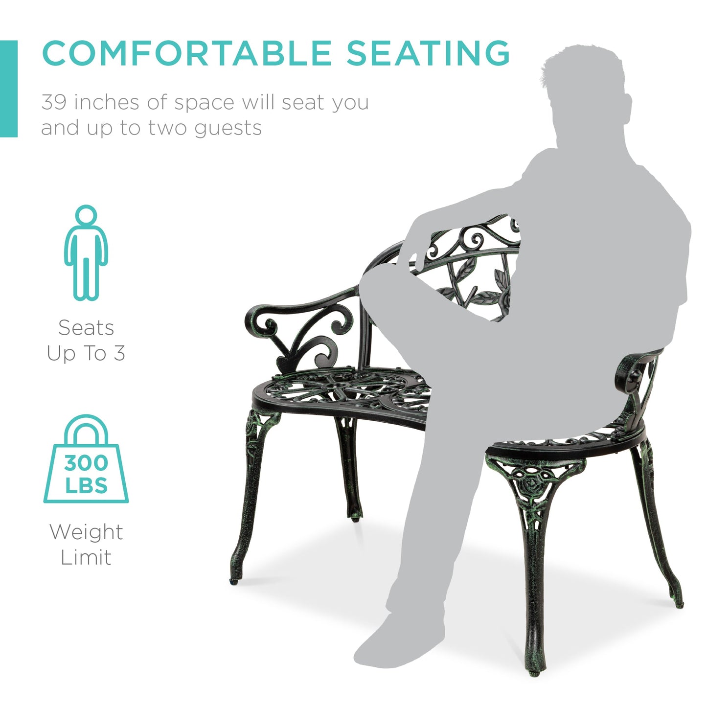 Steel Garden Bench Outdoor Patio Furniture w/ Floral Rose Accent - 39in