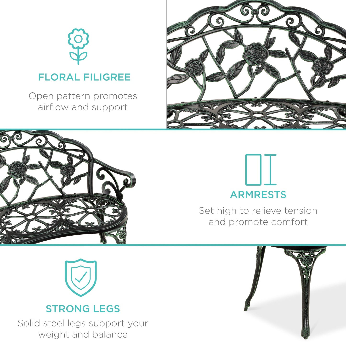 Steel Garden Bench Outdoor Patio Furniture w/ Floral Rose Accent - 39in