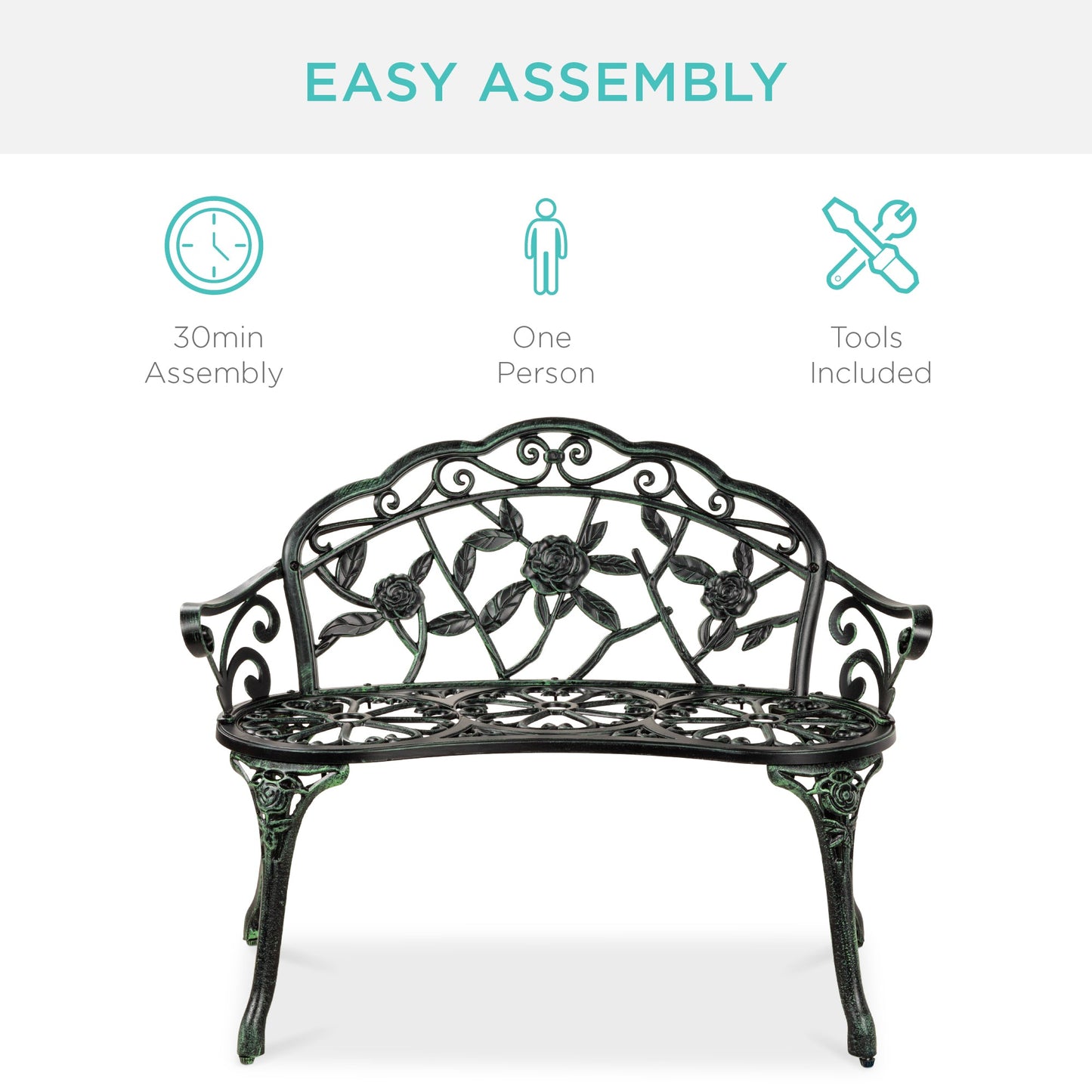 Steel Garden Bench Outdoor Patio Furniture w/ Floral Rose Accent - 39in