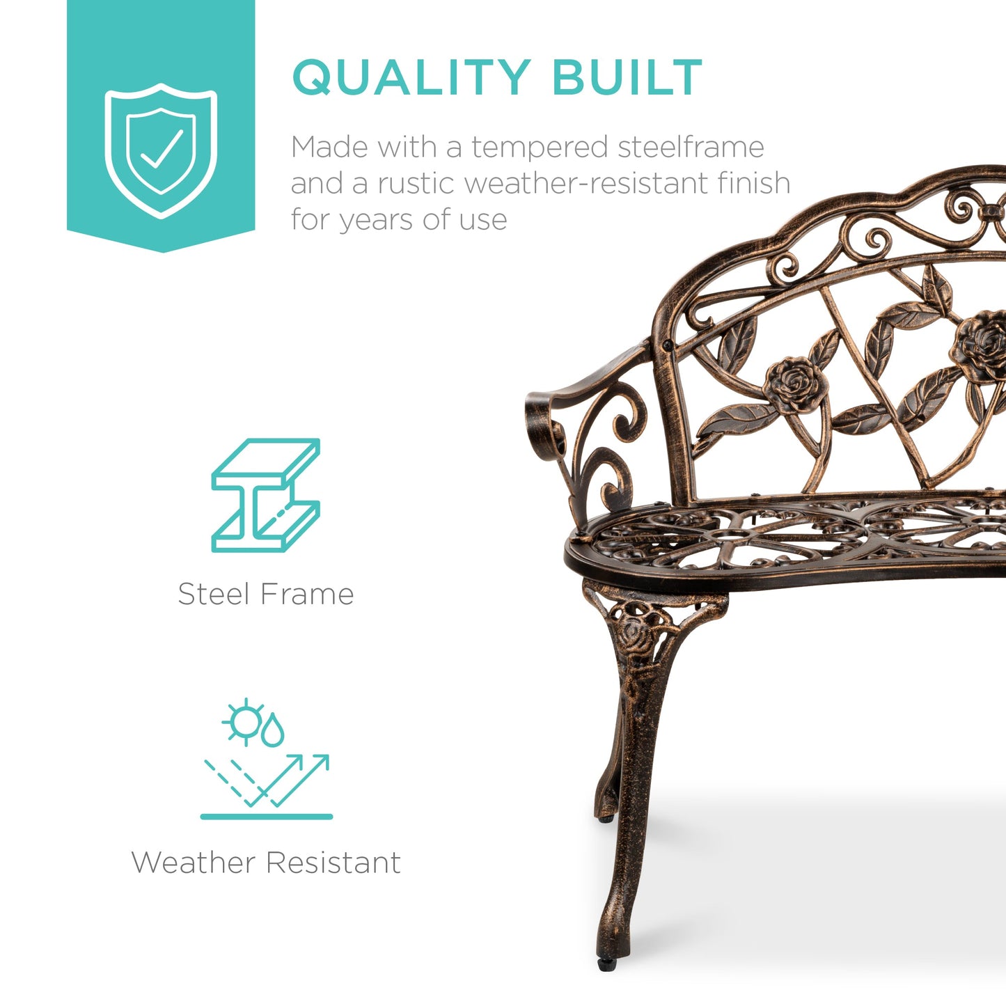 Steel Garden Bench Outdoor Patio Furniture w/ Floral Rose Accent - 39in