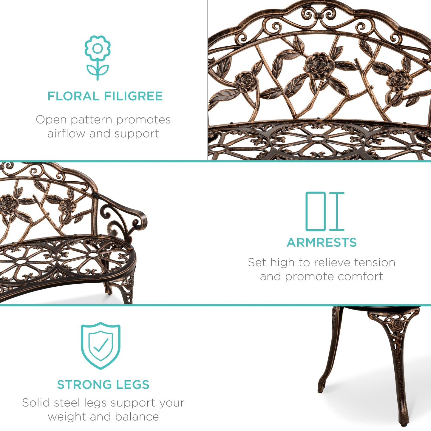 Steel Garden Bench Outdoor Patio Furniture w/ Floral Rose Accent - 39in