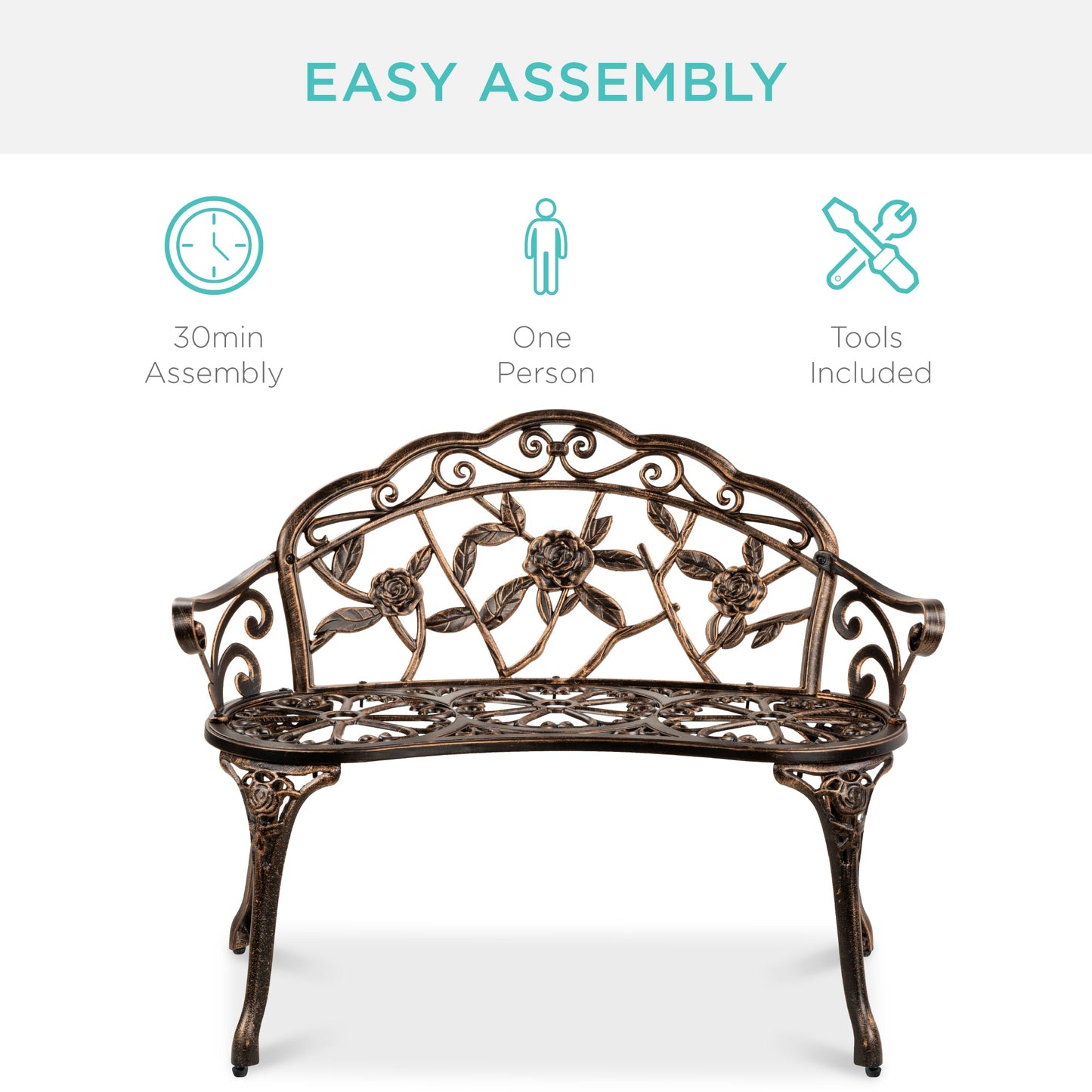 Steel Garden Bench Outdoor Patio Furniture w/ Floral Rose Accent - 39in