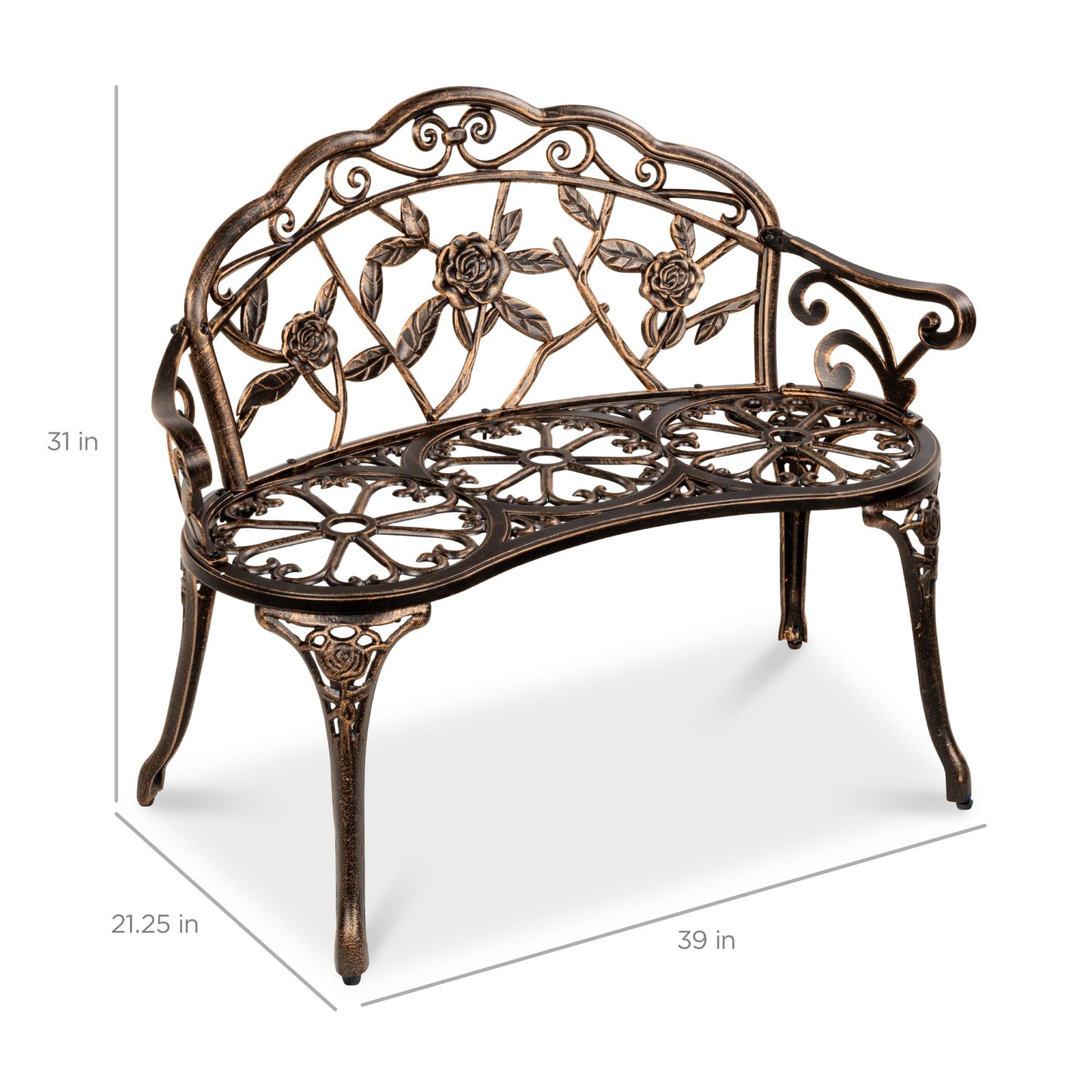 Steel Garden Bench Outdoor Patio Furniture w/ Floral Rose Accent - 39in